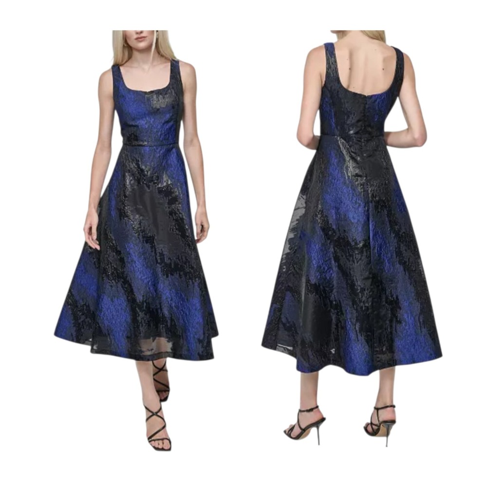 DKNY Blue Black Metallic Jacquard Scoop-Neck Midi Dress Size 8
